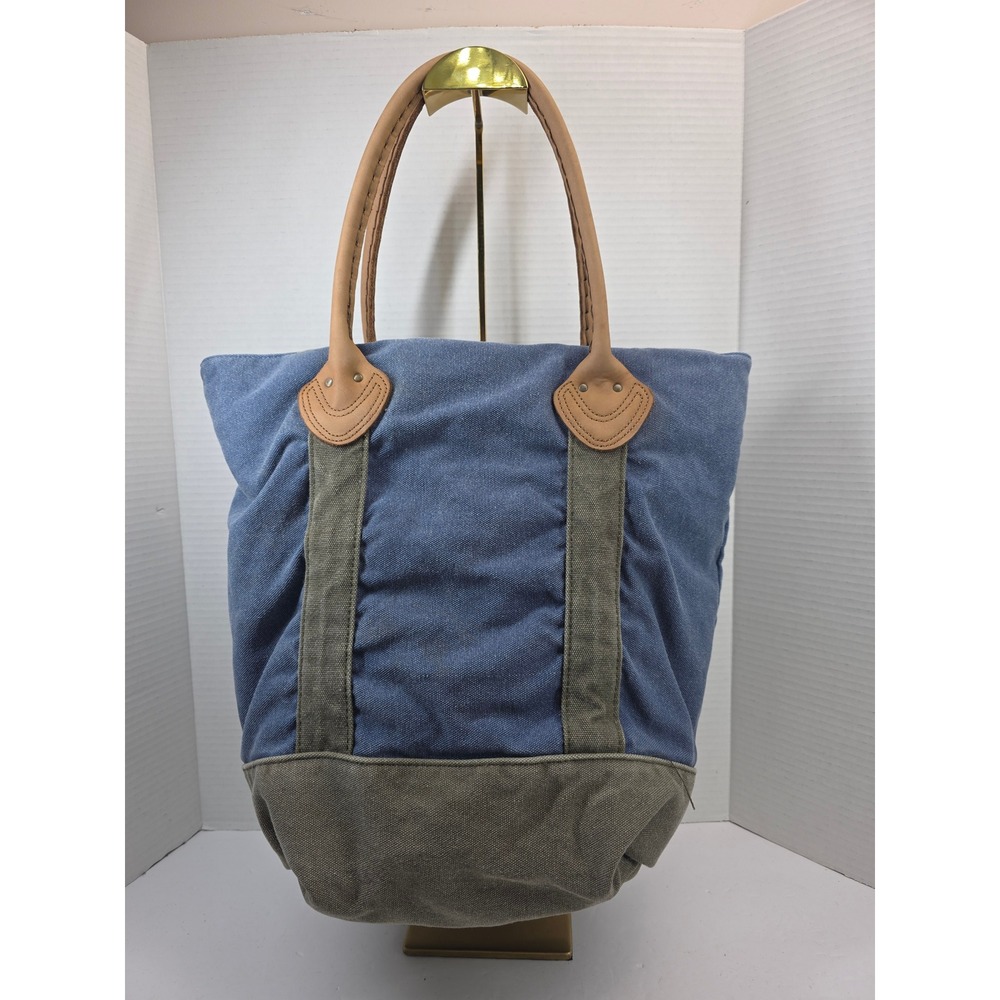 LL Bean Canvas Tote Bag Blue Olive Green Leather Handles Plaid Lining Monogram - Picture 2 of 6